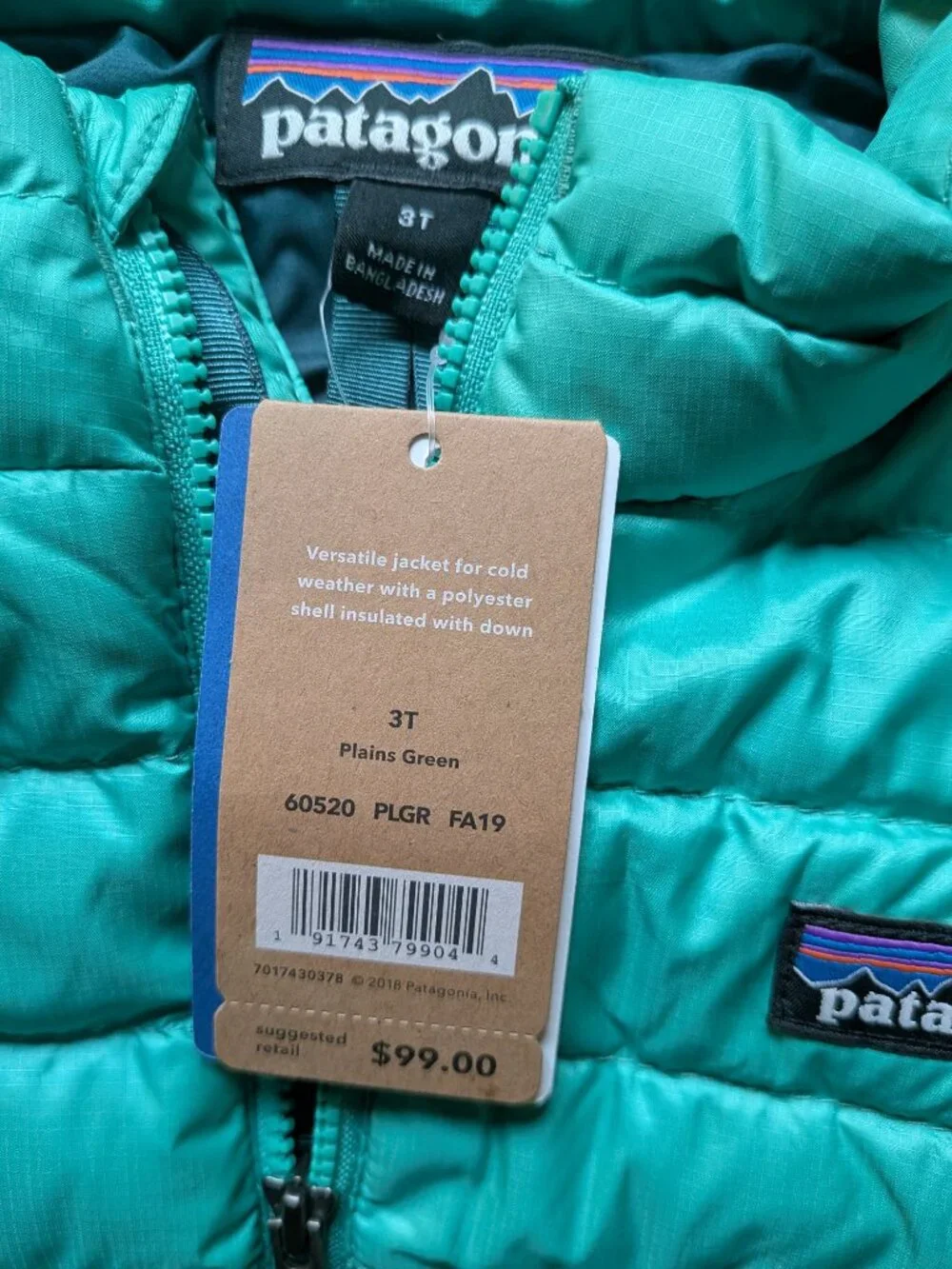 Patagonia Toddler Down Sweater Jacket - 3T - NWT - Mint Green